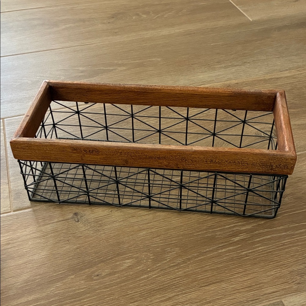 Wood and Black Wire Rectangular Storage Basket 14”L x 4”H x 6”D